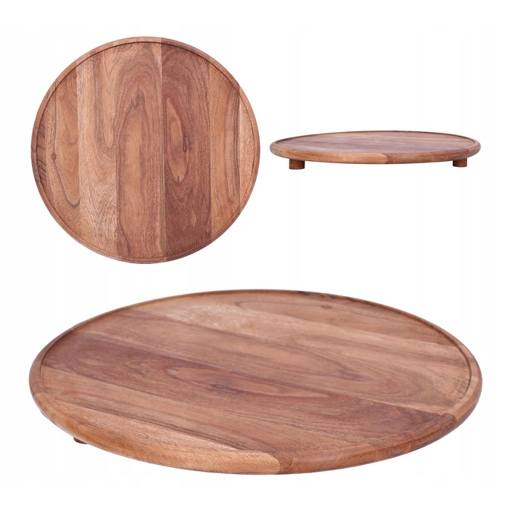 Taca din lemn acacia, 37 cm, forma rotunda, suport pentru lumanari, natural, set 1 buc.