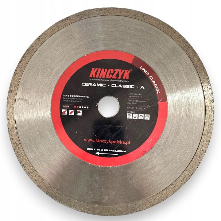 Disc diamantat Kinczyk Classic A 250x10x22,23mm, pentru taiere umeda si uscata, utilizare pe klinker, marmura, granit, ceramica, gresie, bazalt