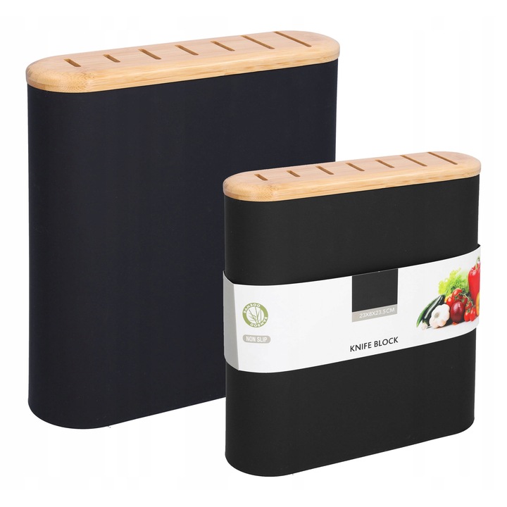 Evőeszköztartó, fekete rendszerező, 7 rekeszes, 23x8x23,5cm, bambusz fedéllel