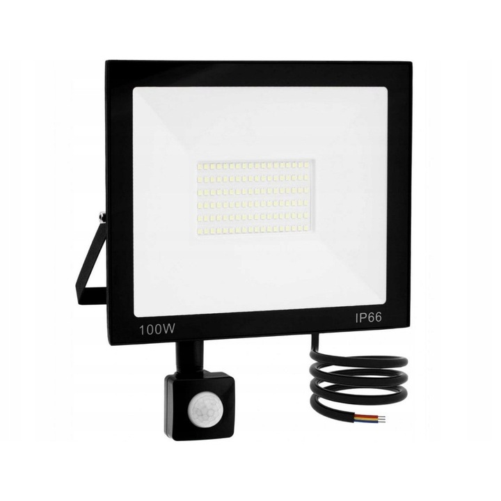 Proiector LED cu senzor de miscare, 100W, 8000lm, negru, IP66, dimensiuni 210x180x45mm