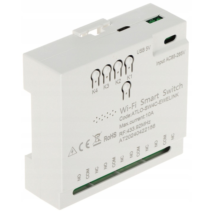 ISwitch inteligent ATLO-SW4C-EWELINK Wi-Fi, 4 canale, control vocal, alb, 82x77x28mm