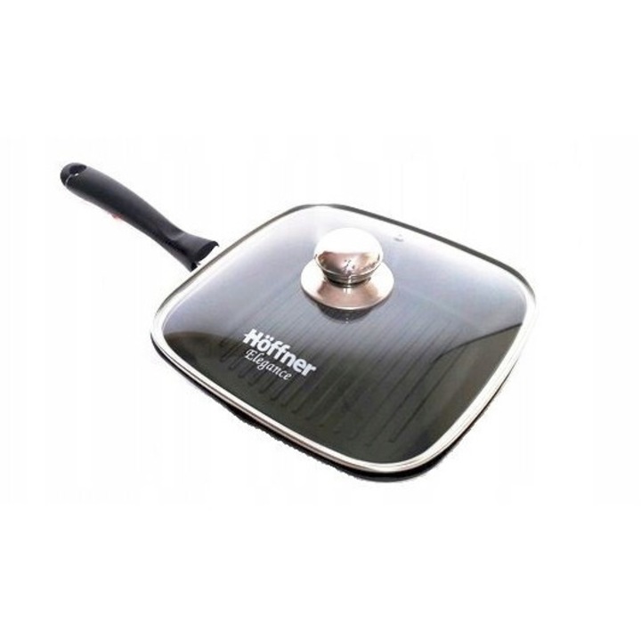 Tigaie grill Hoffner Elegance 24 cm, aluminiu, non-stick, cu capac, 1,7 L