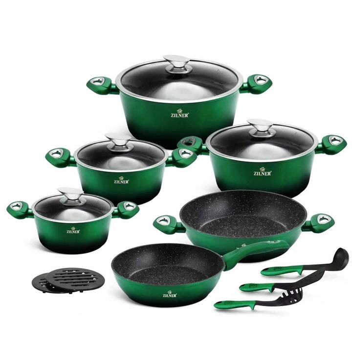 Set oale Zilner Emerald Noir 15 piese, granit, 2.3L-6.5L, dimensiuni 20x10cm-28x12cm, accesorii incluse