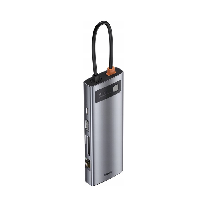 ХЪБ 9в1, Baseus, USB-C към 3xUSB 3.0, HDMI, VGA, RJ45, четец на карти, 48x17x137мм
