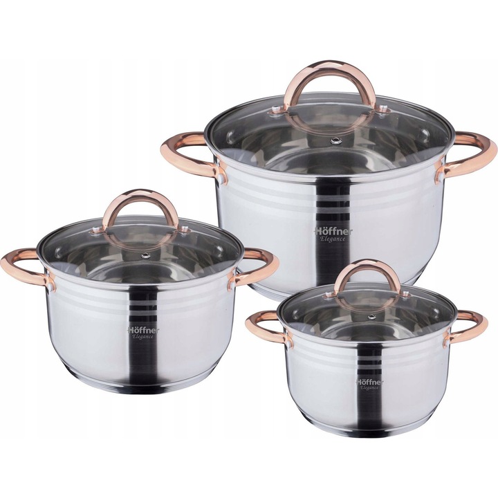 Set oale Hoffner 6 elemente inox, dimensiuni O18x11,5cm, O20x12,5cm, O24x14,5cm, cu capac din sticla