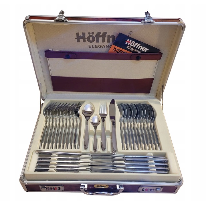 Evőeszközkészlet 72 darabos, Hoffner, rozsdamentes acél, szatén felület, 12 személyes, bőrönd 44x31x11cm