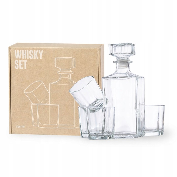 Set carafa si 4 pahare whisky, 1L, 200ml, sticla, design clasic