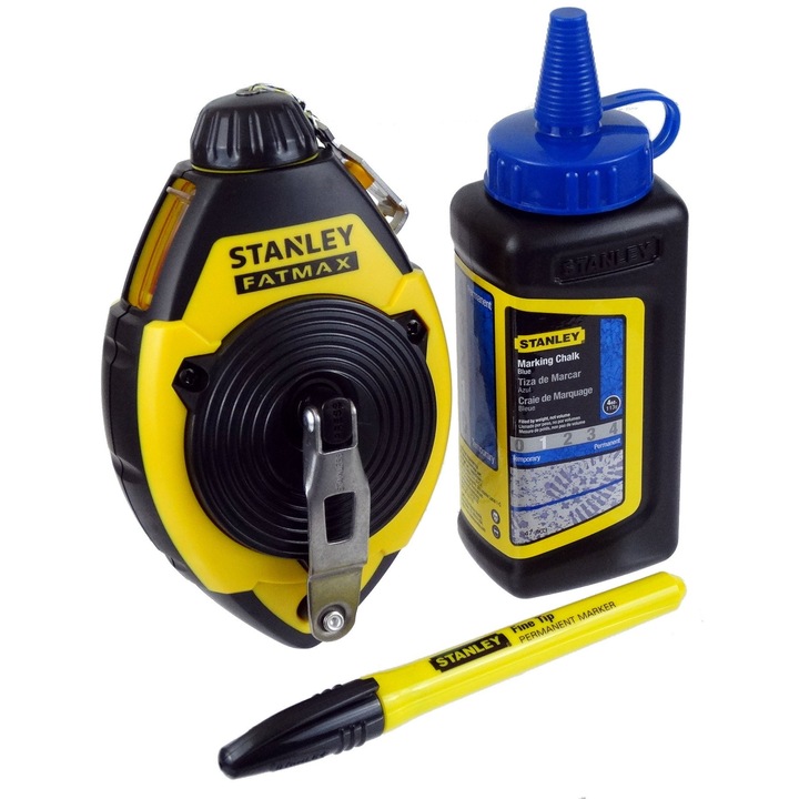Sistem trasare Stanley, set 30M, snur bumbac-poliester, creta, marker negru