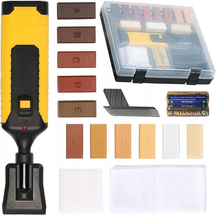 Set de reparare 17 piese pentru parchet laminat, pistol de ceara, 11 blocuri colorate, accesorii pentru mobilier