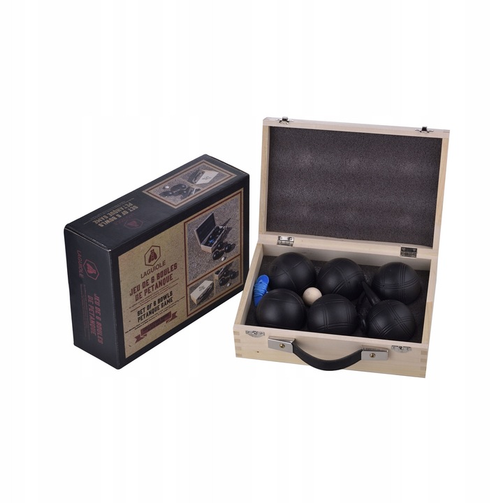 Petanque játékszett 6 fekete golyóval, Laguiole, 23,5x16,8x7,5cm, fa doboz