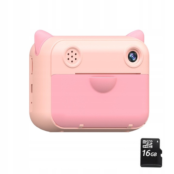 Camera digitala instantanee cu imprimanta pentru copii, 2.4 inch, 12MP, 1080P, set cu 3 role de hartie termica, 16GB card TF