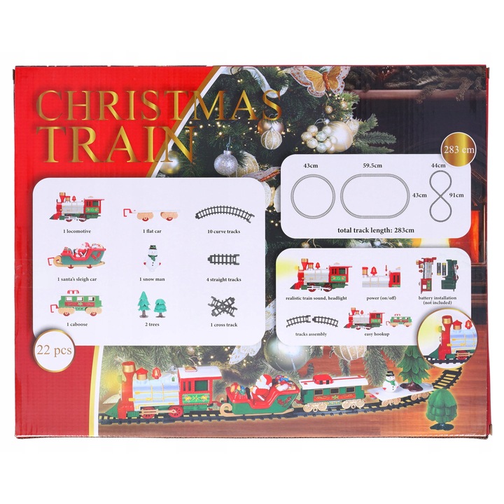 Karácsonyi elektromos vonat, 22 elemes, 283 cm hosszú, hanggal és fénnyel, többszínű