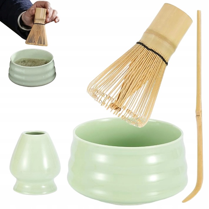 Комплект от 4 части аксесоари за чай Matcha, BEDEE, бамбукови и керамични прибори, зелен, натурален