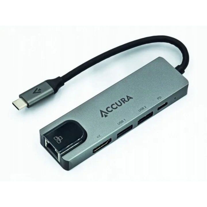 Хъб USB-C Accura 5в1, 1x USB-C PD 100W, 1x USB 3.0, 1x USB 2.0, 1x HDMI, 1x RJ45