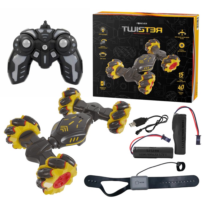 Masinarc remote control Twister, 4x4, 2 tipuri de control, LED, multicolor, set cu 2 acumulatori