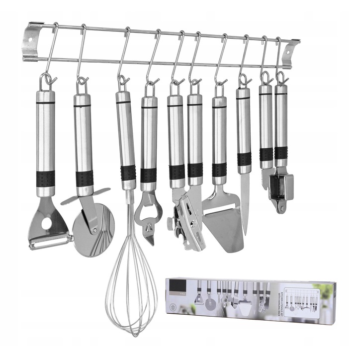 Set ustensile bucatarie 9 piese inox cu suport 42cm