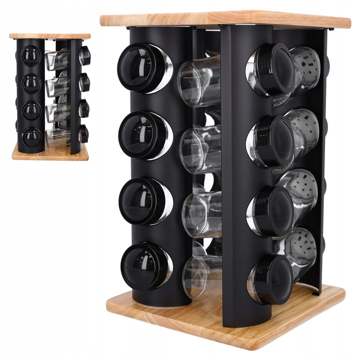 Stojak pentru condimente, 16 recipiente, negru, dimensiuni 17,5x17,5x29cm, set