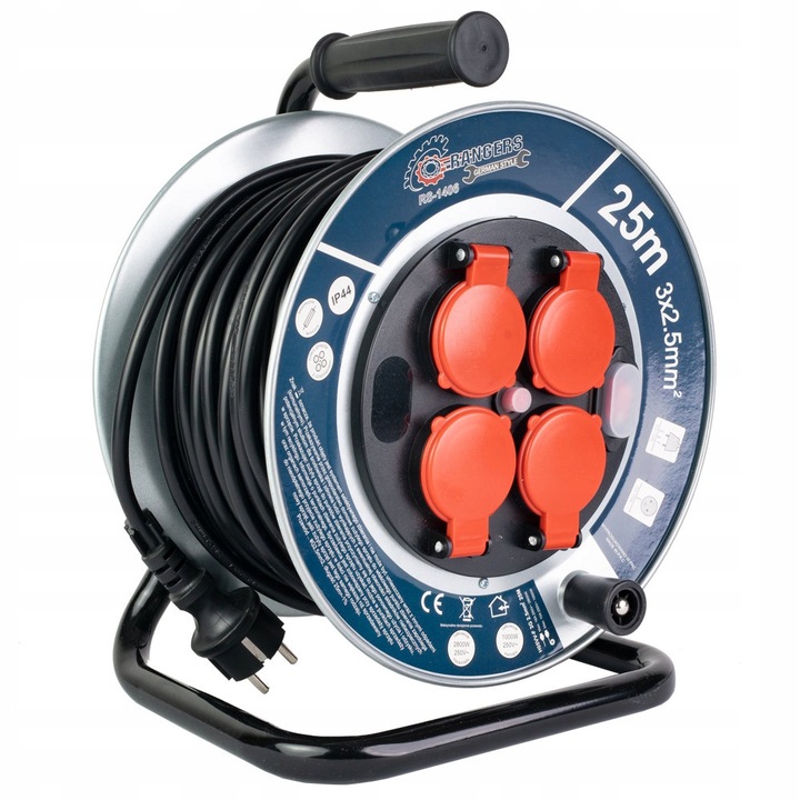 Prelungitor metalic RANGERS 25m, 4 prize, negru, IP44