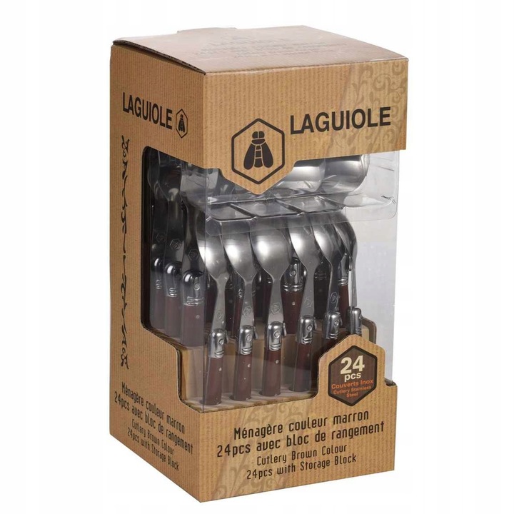 Laguiole 24 darabos evőeszközkészlet, fa nyéllel, fa tartóval, barna színű, mérete 23x16x25cm