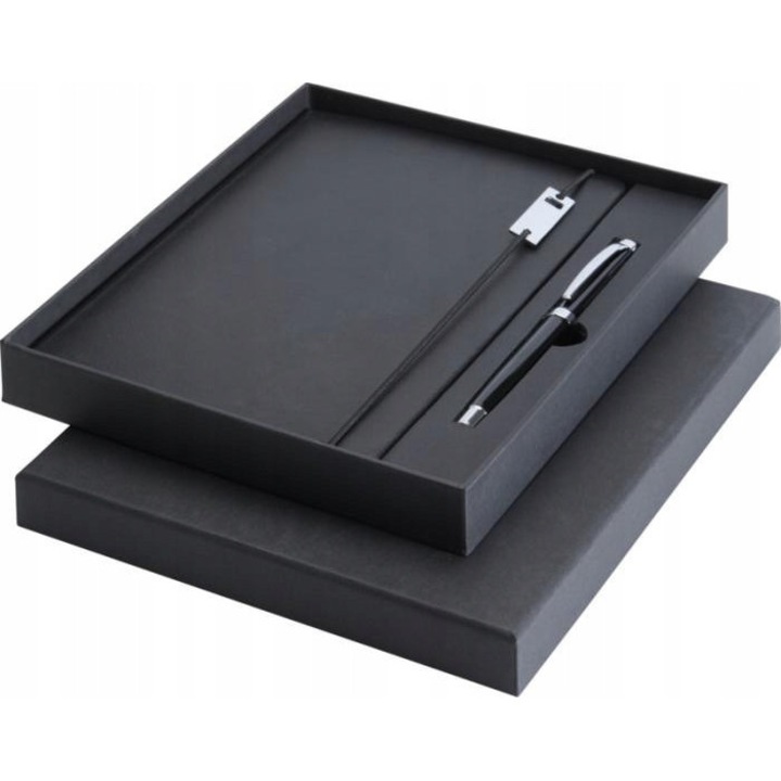 Set elegant de notite A5 cu elastic si stilou, Luxe, negru, 19,2x22,5cm