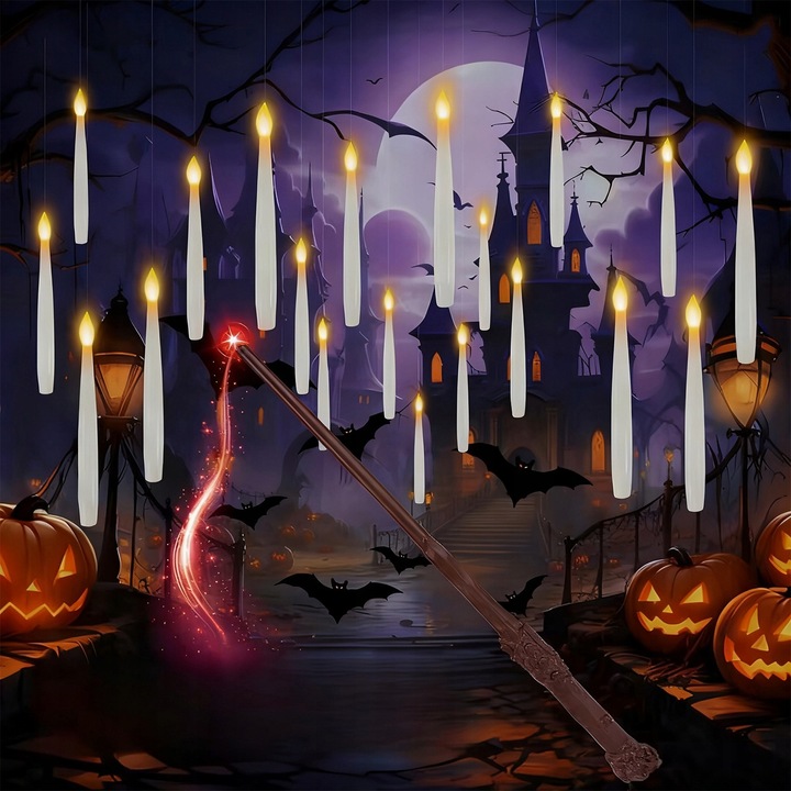 24 db lebegő LED gyertya varázspálcával és távirányítóval, fehér, 15x1,45cm szett