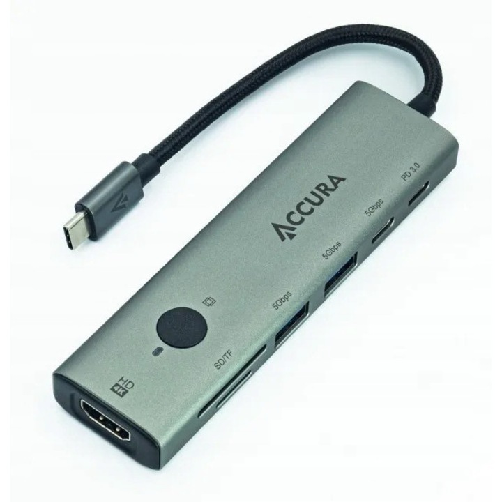 Хъб USB-C Accura 7 в 1, 1x USB-C PD 100W, 2x USB 3.0, HDMI 4K@30Hz, 2x SD/TF