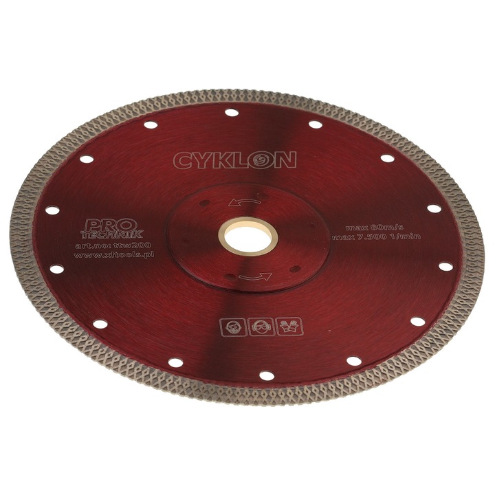 Tarca diamantata Pro-Technik 200mm x 25,4mm, pentru taiere uscata si umeda, grosime segment 1,6mm, set cu reductie 25,4mm la 22,2mm