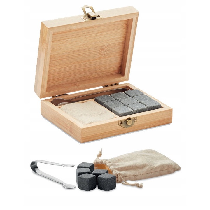 Комплект 9 охлаждащи камъка за уиски, MOB, с памучна торбичка, бамбукова кутия
