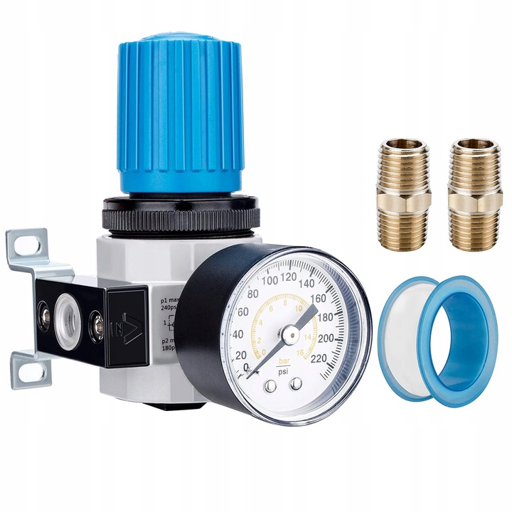 Regulator de presiune aer 1/4" BSP, 0-12 bar, 1600 l/min, 0-16 bar manometru, set 2 x 1/4" accesorii
