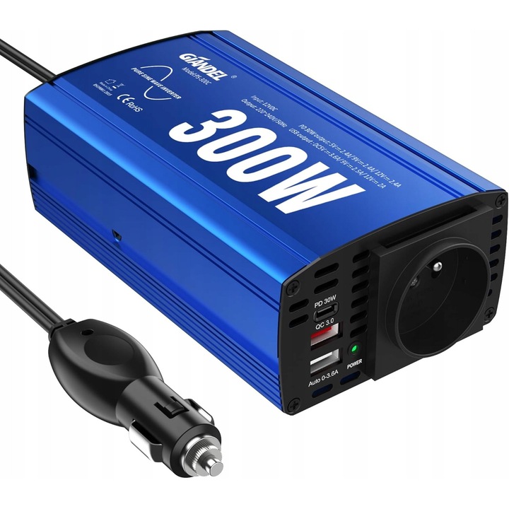 Inverter auto 300W, 12V-220V, 2 porturi USB 2,4A, cu priza AC