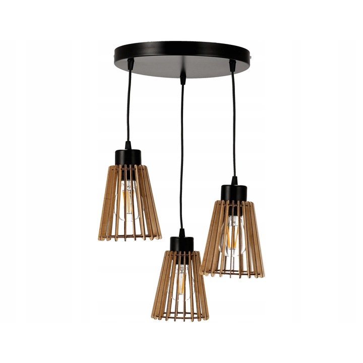 Lustru suspendat LED-ONE, model retro din lemn, 3 surse de iluminat E27, inaltime ajustabila pana la 100cm, 30x3cm