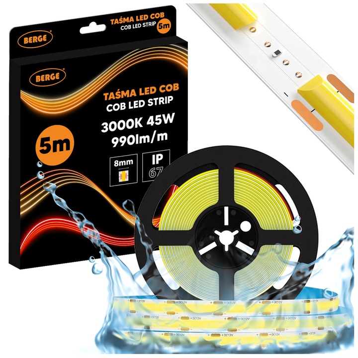 Banda LED COB 12V 5m 9W/m 480 diode 3000K caldura, impermeabila IP67, 8mm