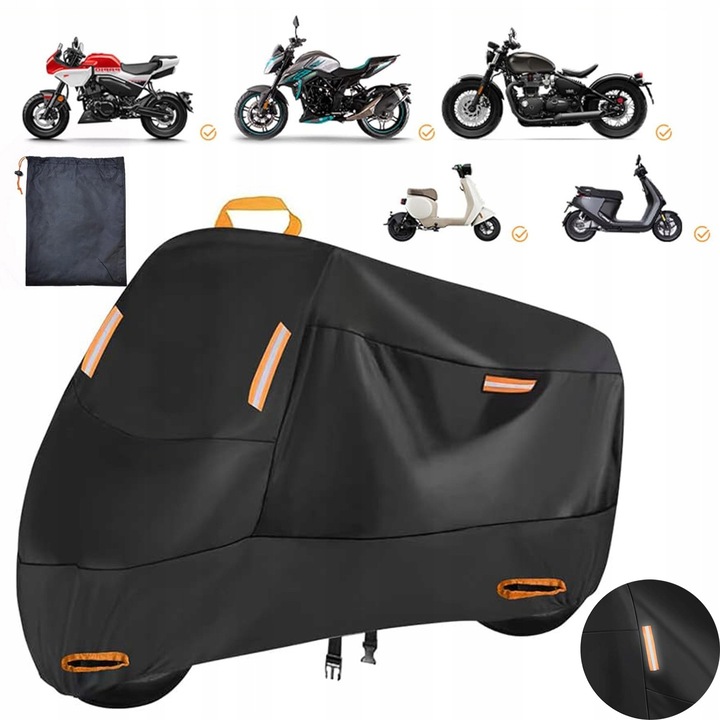 Husa pentru motocicleta, impermeabila, 4 benzi reflectorizante, neagra, 220x95x125cm, set cu geanta de depozitare
