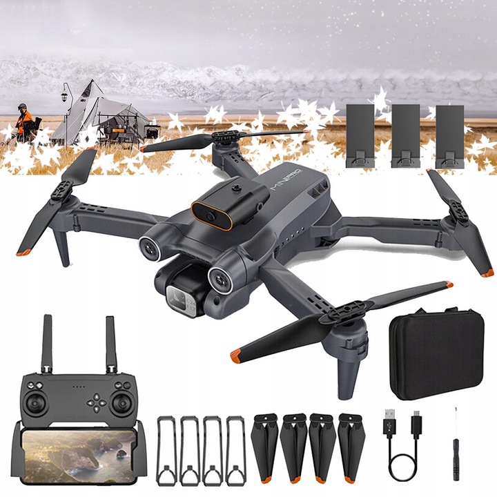 Dron cu 2 camere, functie de evitare a obstacolelor, 8K, negru, dimensiuni 20x25x5.5cm, set complet