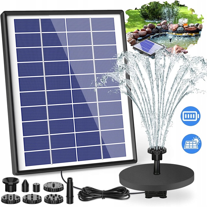 Pompa solara de apa, 5W, 6 duze, inaltime maxima 29,53 inch, set complet