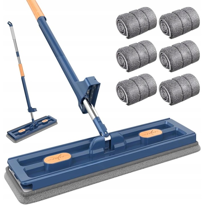 Mop plat cu maner din otel inoxidabil, 6 lavete din microfibra, albastru, 42x12cm, lungime maner 137cm