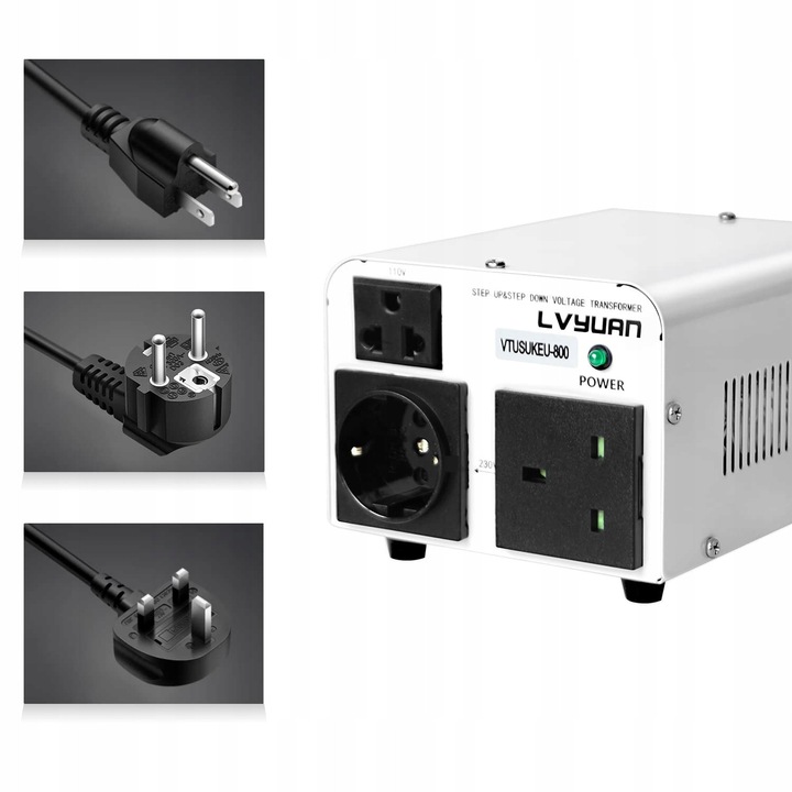 Transzformátor 800W, Lvyuan, fel/le átalakító, 110V-220V, EU/USA/UK csatlakozókábelekkel