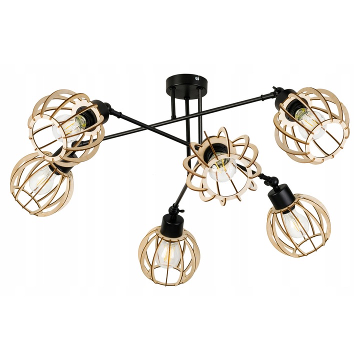 Lampa suspendata LED-ONE loft, 6 abajururi din lemn, neagra, 27x60cm