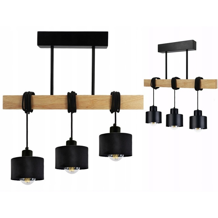 Lustra LED-ONE, висяща лампа от дърво, 3x E27, матово черно, 50x5x5cm