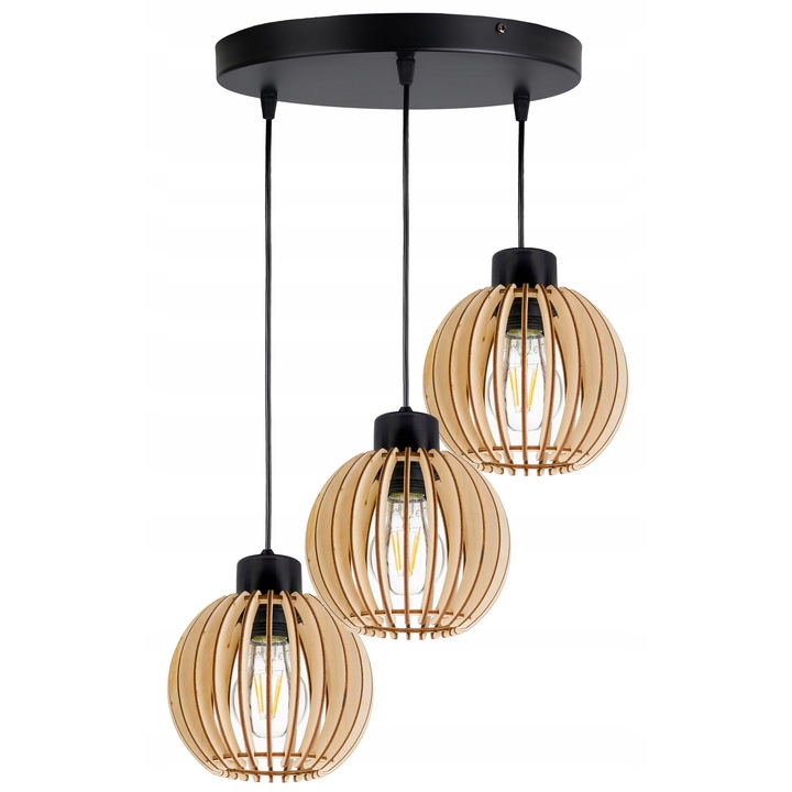 Lampa suspendata LED, 3 surse de lumina, lemn, inaltime ajustabila pana la 100cm, 30x30cm