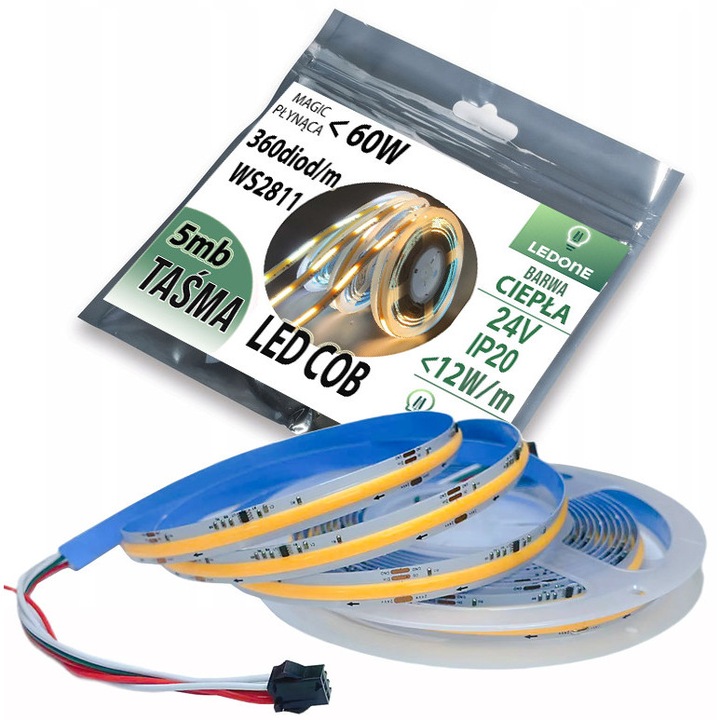 COB LED лента 24V, 5м, топло бяла, 360 диода/м, самозалепваща