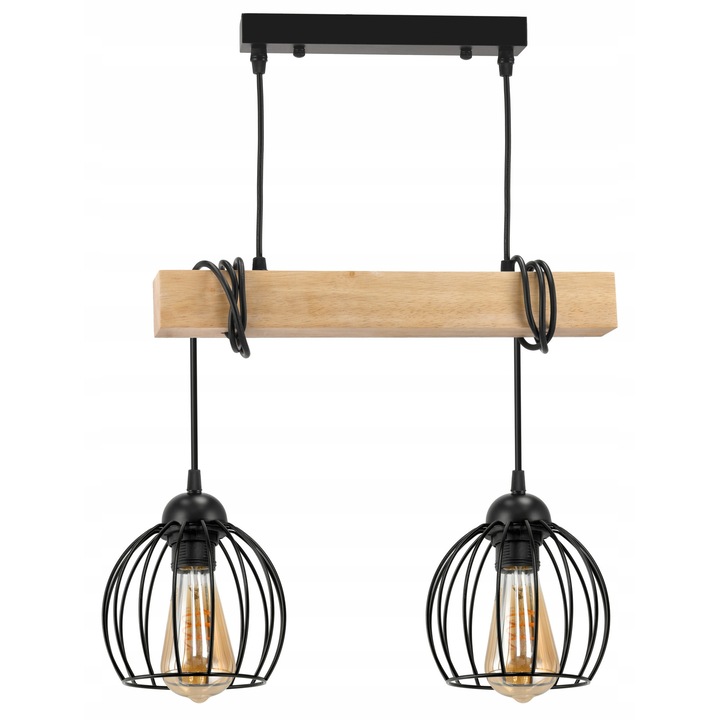 LED mennyezeti függőlámpa, fa gerenda, 2x E27, drótgömb csillár
