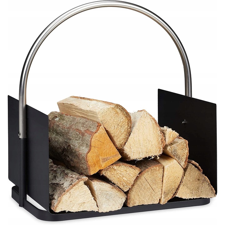 Cos pentru lemne, Relaxdays, metal negru, dimensiuni 43,5x40,5x30cm, design modern, cu maner nichelat
