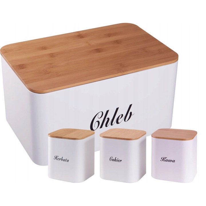 Set cutii alimentare Edenberg, chlebak metalic cu capac bambus, 3 recipiente pentru cafea, ceai, zahar, 35,5x23,2x18,4cm, 11,5x11,5x12,2cm