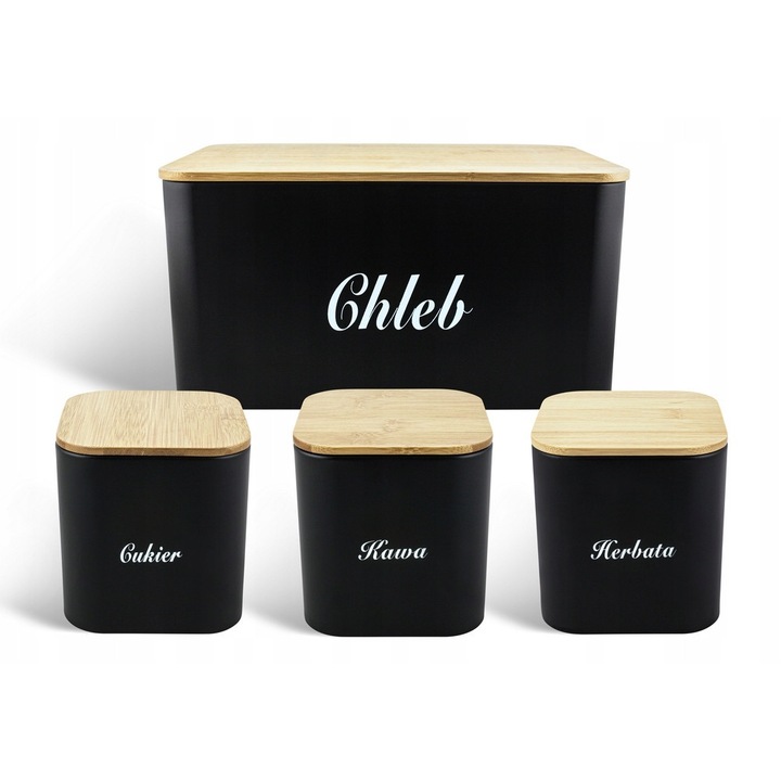 Set cutii alimentare Edenberg, chlebak metalic cu capac bambus, 3 recipiente pentru cafea, ceai si zahar, 35,5x23,2x18,4cm, negru