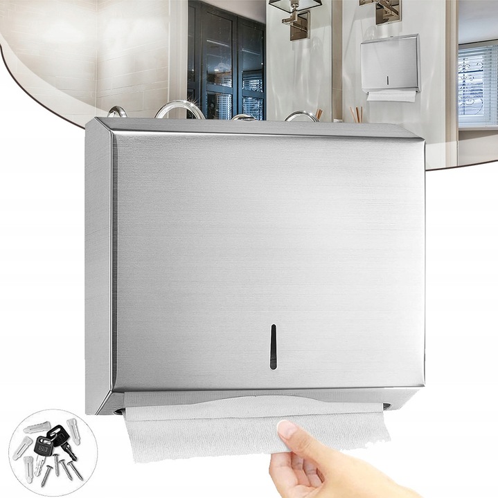 Dispenser de prosoape din inox, capacitate 250-400 prosoape, argintiu, 280x100x260mm, set cu accesorii de montaj