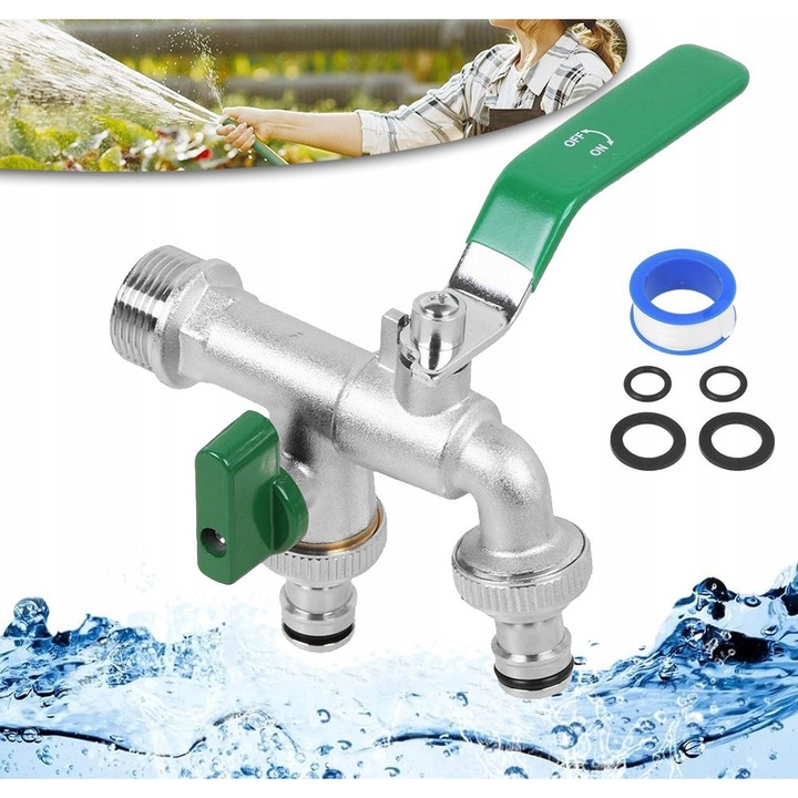 Robinet dublu 1/2 CALA + 3/4 CALA din mosada, pentru gradina