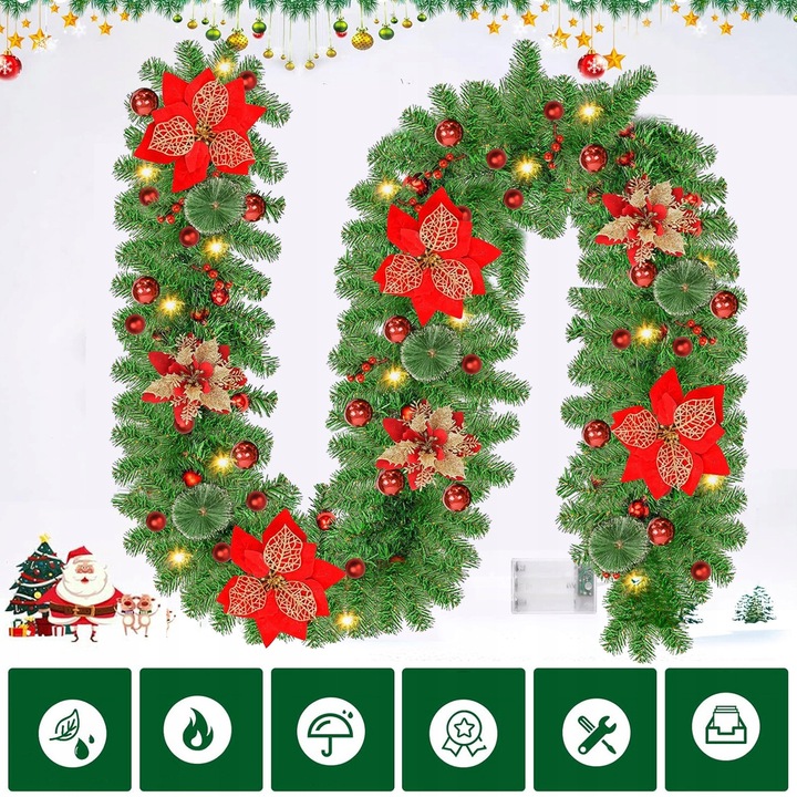 LED-es karácsonyi koszorú, 274x25,4cm, zöld és piros, 200 ág, dekorációs készlet