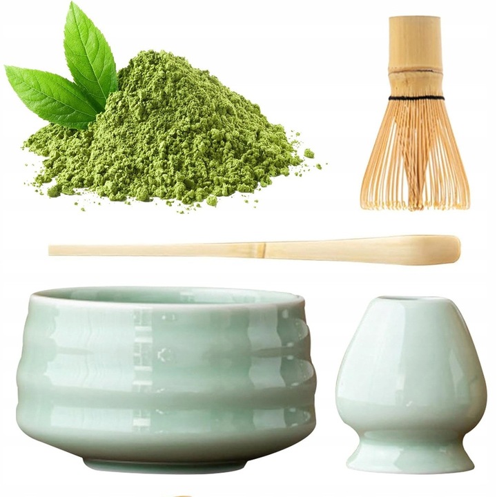 Set 4 piese pentru ceai Matcha, miotla din bambus, bol ceramic, verde