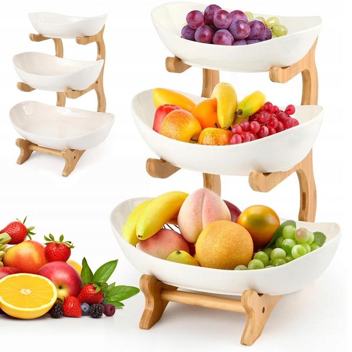 Кошница за плодове на 3 нива, бяла, размери 26x15см, 27x16,8см, 28x18см, комплект